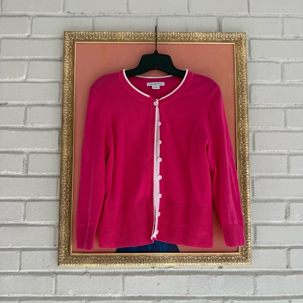 Vintage 90s 100% Cotton Liz Claiborne M Cardigan Hot Pink White Button Crew Neck